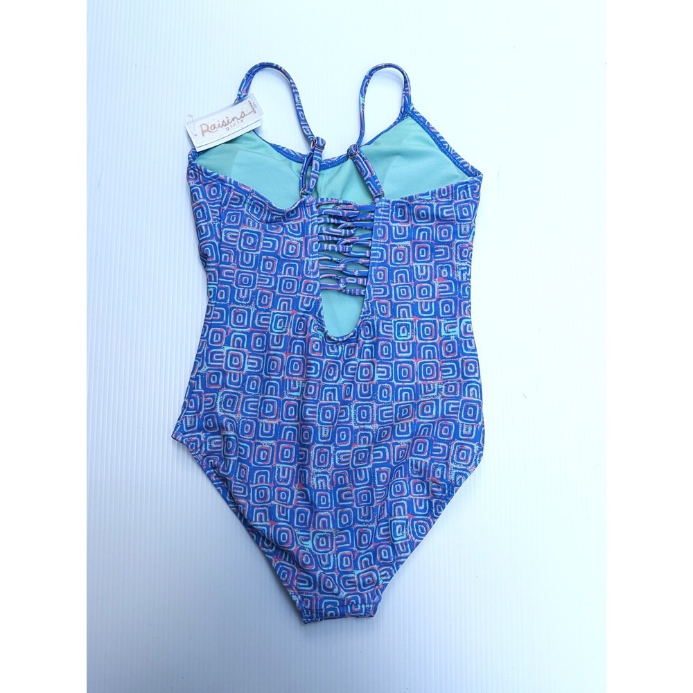 Raisins Girls Size 12 Norie One Piece Swimsuit Blue Geometric Caged Back - Picture 5 of 13